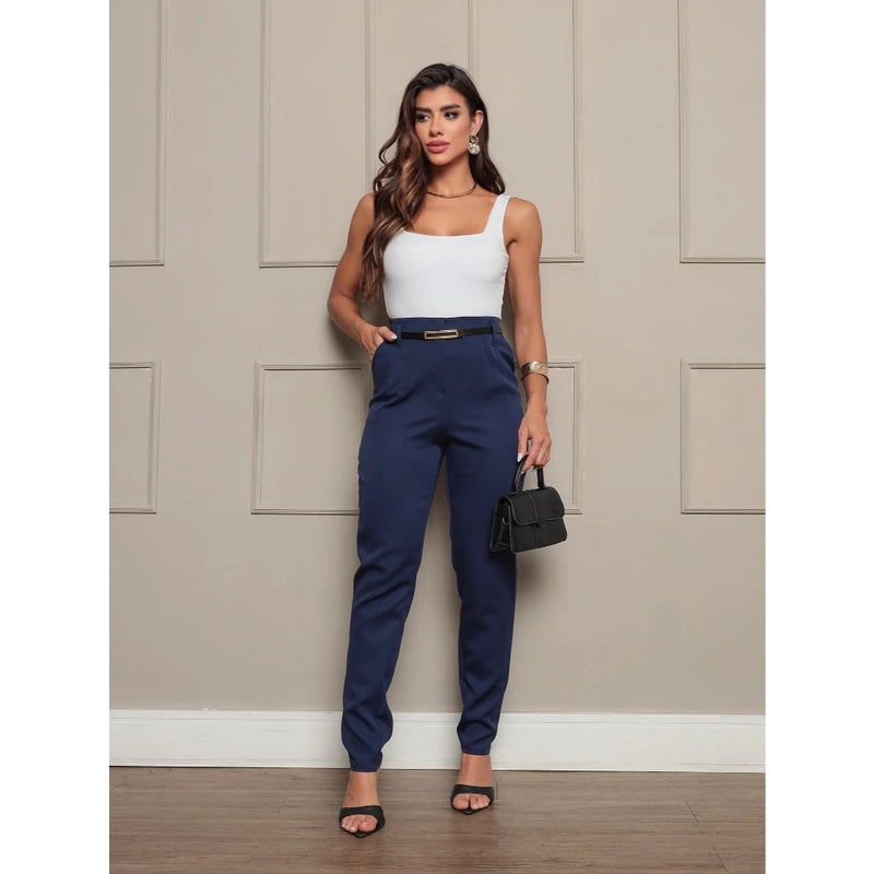 Calça Social Feminina Zara com Cinto Alfaiataria Perna Justa com Cintura Alta Elegante