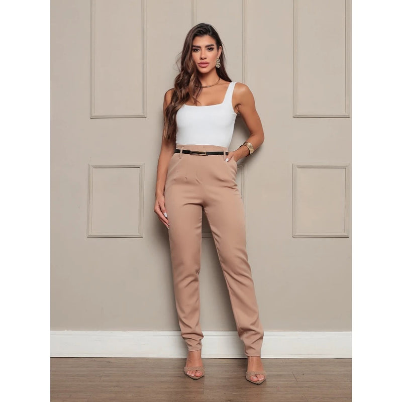 Calça Social Feminina Zara com Cinto Alfaiataria Perna Justa com Cintura Alta Elegante