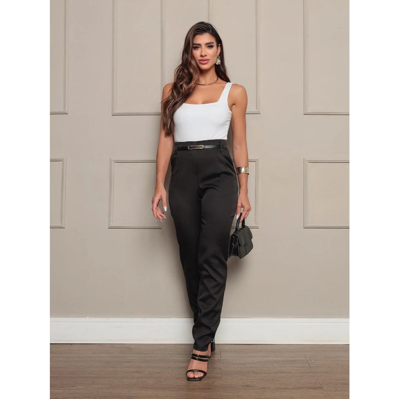 Calça Social Feminina Zara com Cinto Alfaiataria Perna Justa com Cintura Alta Elegante