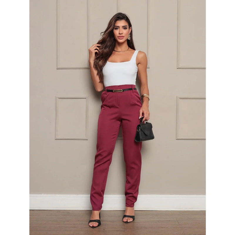 Calça Social Feminina Zara com Cinto Alfaiataria Perna Justa com Cintura Alta Elegante