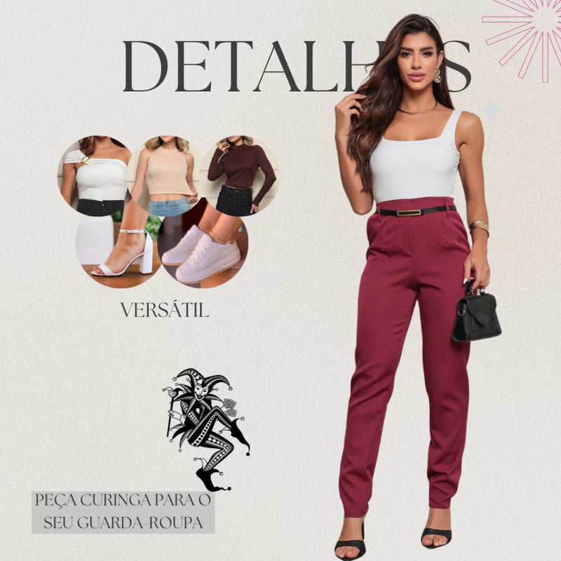Calça Social Feminina Zara com Cinto Alfaiataria Perna Justa com Cintura Alta Elegante