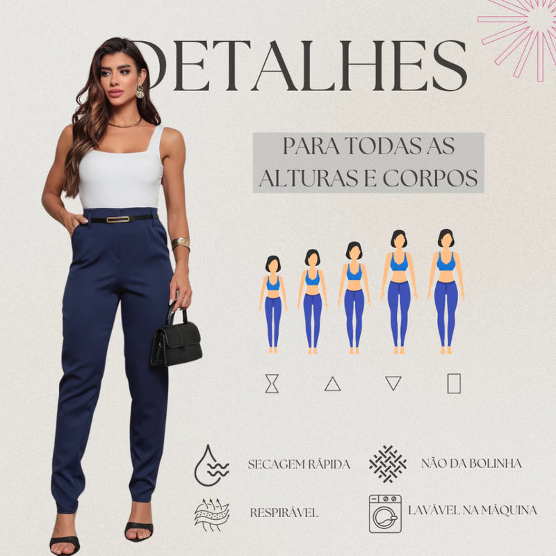 Calça Social Feminina Zara com Cinto Alfaiataria Perna Justa com Cintura Alta Elegante