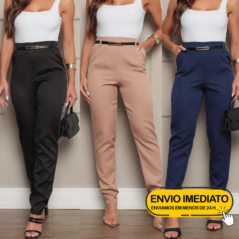 Calça Social Feminina Zara com Cinto Alfaiataria Perna Justa com Cintura Alta Elegante