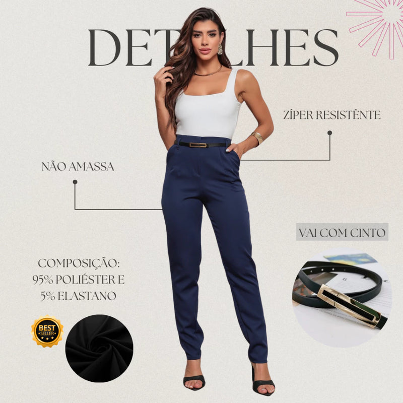 Calça Social Feminina Zara com Cinto Alfaiataria Perna Justa com Cintura Alta Elegante