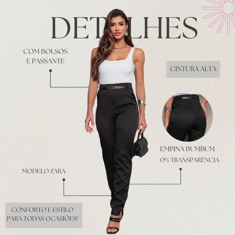 Calça Social Feminina Zara com Cinto Alfaiataria Perna Justa com Cintura Alta Elegante